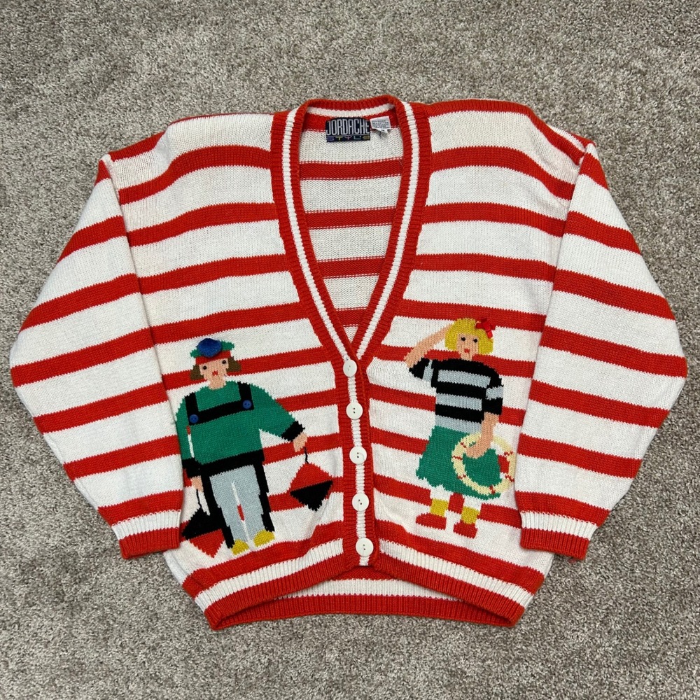 vintage Jordache‎ Cardigan Sweater Striped Nautical Women Size Medium V-Neck - Picture 2 of 8